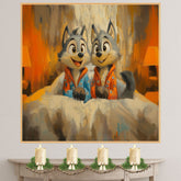 Adorable Painting of Two Playful Cartoon Wolves in Pajamas with Bright Expressions Sitting on a Bed in a Warm Whimsical Bedroom Scene for Kids and Families on Ready to Hang 1.5" Thick Canvas Wrap, Floating Framed Canvas, Flat Rolled Canvas